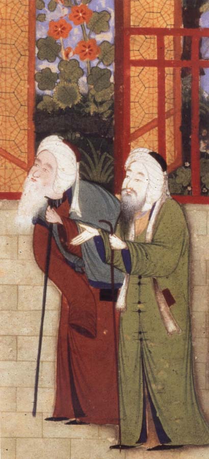 Portrait of jami leaning on a staff,with another scholar of Sultan Husayn-s court