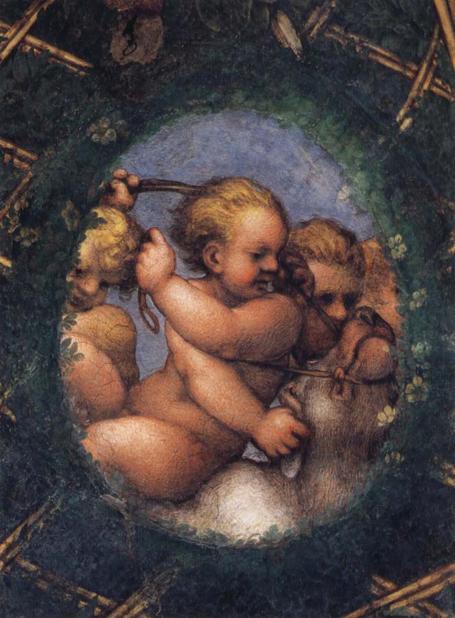 Two ovals depicting a putto with a stag