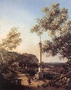 Canaletto Capriccio: River Landscape with a Column f oil on canvas
