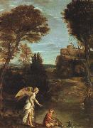 Domenichino Landscape with Tobias Laying Hold of the Fish oil on canvas