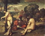 Giorgione Pastoral ensemble oil on canvas