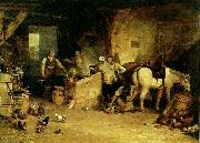 a country blacksmith disputing upon the price of i ron and the price charged to the butcher for shoeing his poney