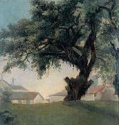 Anonymous Giant tree and barracks oil painting artist