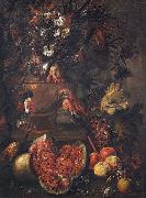 Anonymous Stilleben mit Blumen, aufgeschnittener Melone und anderem Obst sowie einem Papagei oil painting picture wholesale
