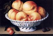 Galizia,Fede White Ceramic Bowl with Peaches and Red and Blue Plums oil on canvas