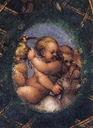 Correggio Two ovals depicting a putto with a stag's head and a putto with a greyhound painting