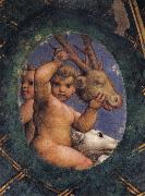 Correggio Two ovals depicting a putto with a stag's head and a putto with a greyhound oil on canvas
