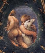 Correggio Detail of an oval with a putto embracing a dog oil on canvas