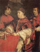 Raphael Pope Leo X with Cardinals Giulio de'Medici and Luigi de'Rossi oil on canvas