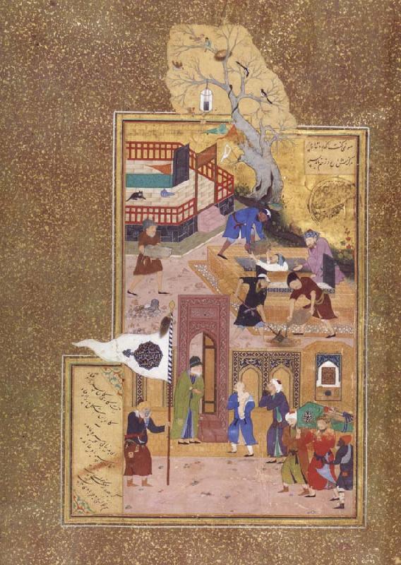 A holy personage at the gate of a shrine consoles a son over his father-s death, Bihzad