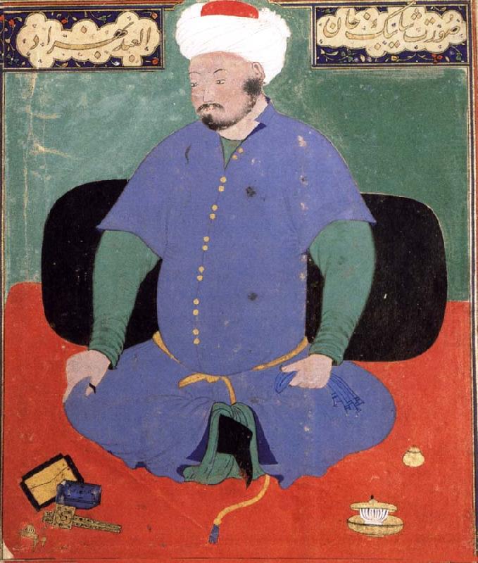Portrait of the Uzbek emir Shaybani Khan,seen here wearing a Sunni turban, Bihzad