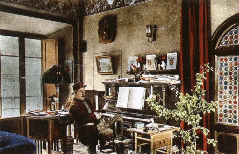 puccini at home in the music room of his villa at torre del lago, puccini