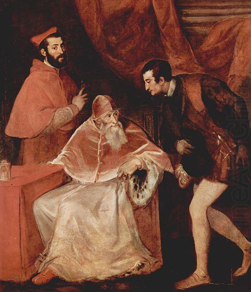 Portrat des Papstes Paulus III mit Kardinal Alessandro Farnese und Herzog Ottavio Farnese., Titian
