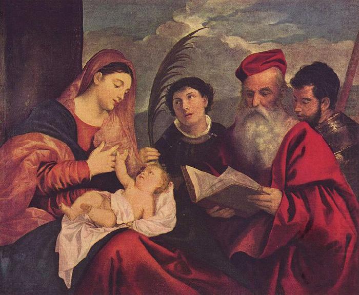 Titian Maria mit dem Kinde, dem Hl. Stephan, Hl. Hieronymus und Hl. Mauritius