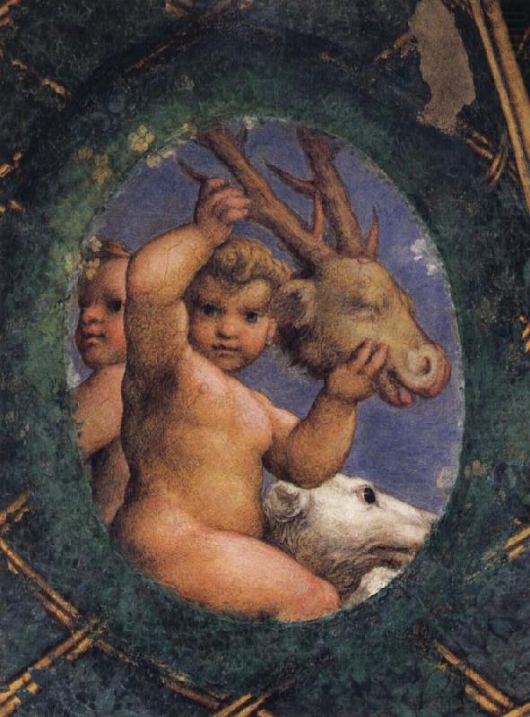 Correggio Two ovals depicting a putto with a stag's head and a putto with a greyhound oil painting picture