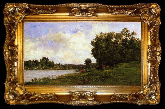 framed  Charles-Francois Daubigny Cattle on the Bank of a River, ta009-2