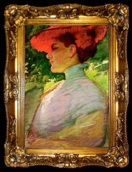 framed  Frank Duveneck Lady With a Red Hat, ta009-2