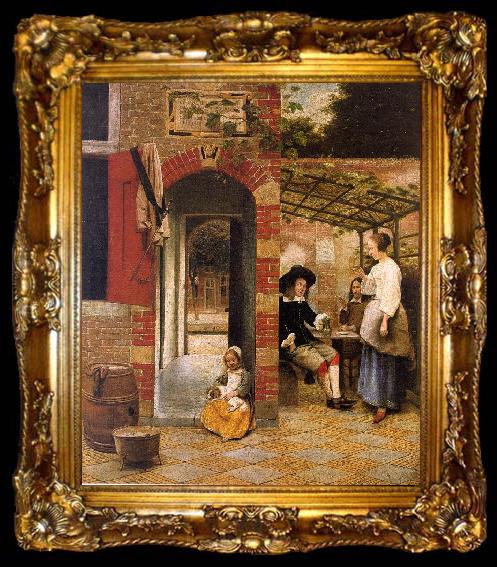 framed  Pieter de Hooch Courtyard with an Arbor and Drinkers, ta009-2