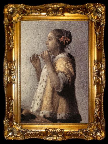framed  VERMEER VAN DELFT, Jan Woman with a Pearl Necklace (detail)  gff, ta009-2