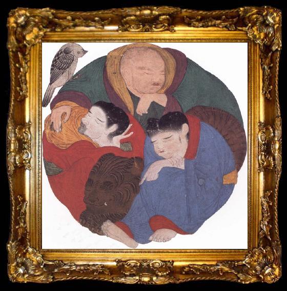 framed  Muslim artist Three arhat-s in a circle,with their tame tiger, ta009-2