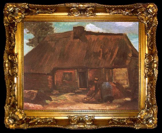 framed  Vincent Van Gogh Cottage with Peasant Woman Digging (nn04), ta009-2