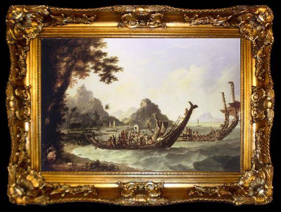 framed  unknow artist The War-Boats of the island of Otaheite Tahiti,and the Society Islands,with a View of part of the Harbour of Ohameneo Haamanino,in the island of Uliet, ta009-2