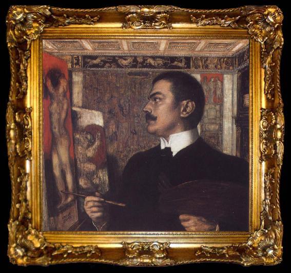 framed  Franz von Stuck Self-Portrait at the Easel, ta009-2
