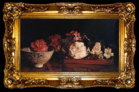 framed  John La Farge Flowers in a Japanese Tray on a Mahogany Table, ta009-2