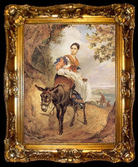 framed  Karl Briullov Portrait of countess olga fersen riding a donkey, ta009-2