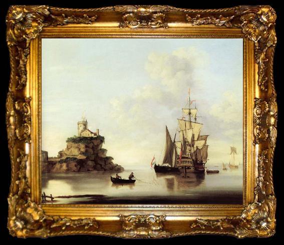 framed  Francis Swaine An English two-deker and a Dutch barge at anchor off a coastal fort, ta009-2