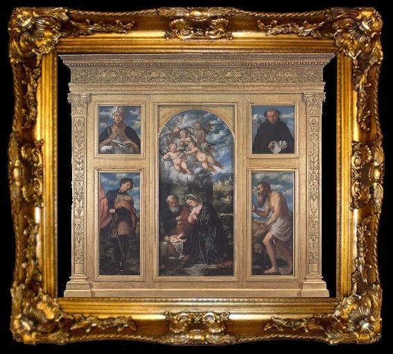 framed  Girolamo Romanino Polyptych of the Nativity,with Saints Alexander,Jerome,Gaudioso and Filippo Benizzi, ta009-2