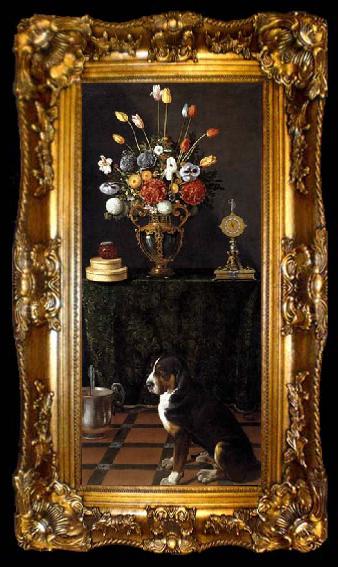 framed  HAMEN, Juan van der Still Life with Flowers and a Dog, ta009-2