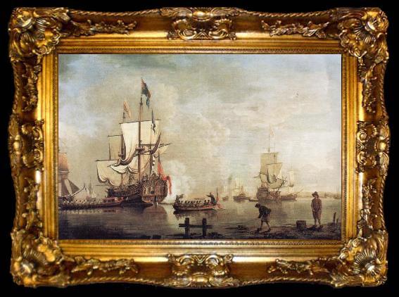 framed  Thomas Mellish The Royal Caroline in a calm estuary flying a Royal standard and surrounded by an attendant barge and other small boats, ta009-2