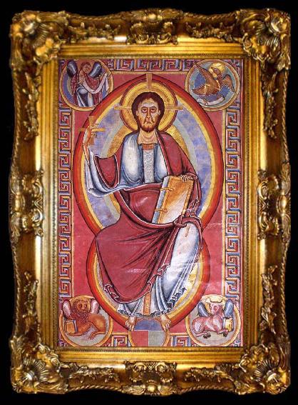 framed  unknow artist Christus in majesty, page from the bible of Stavelot, ta009-2