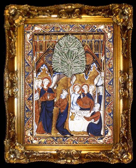 framed  unknow artist The guest friendship of Abraham in the woods of Mamre, Page from the psalter of Lodewijk the Heijlige, ta009-2