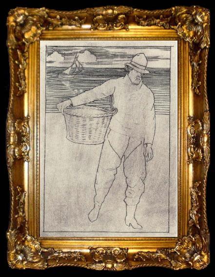 framed  Joseph E.Southall Fisherman and basket Southwold, ta009-2