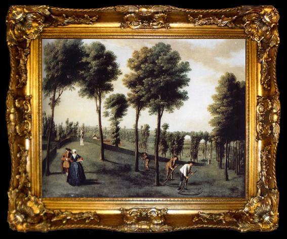 framed  unknow artist Hartwell House,North west area of the gardens with two bastions and men Scything, ta009-2