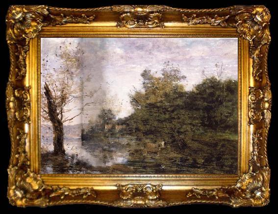 framed  Jean Baptiste Camille  Corot a the vaquero on the Riverbank, ta009-2