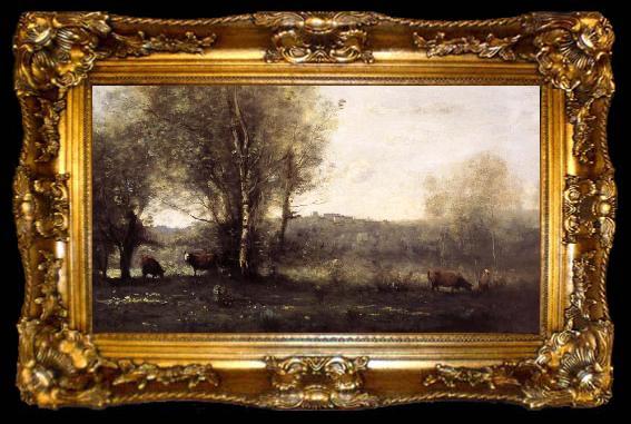 framed  Jean Baptiste Camille  Corot Three Cows at the Pond, ta009-2