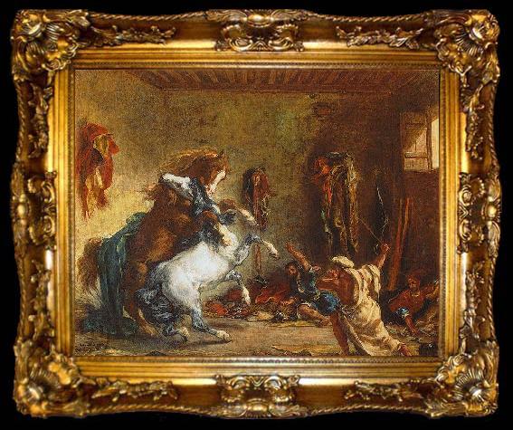 framed  Eugene Delacroix Arab Horses Fighting in a Stable, ta009-2