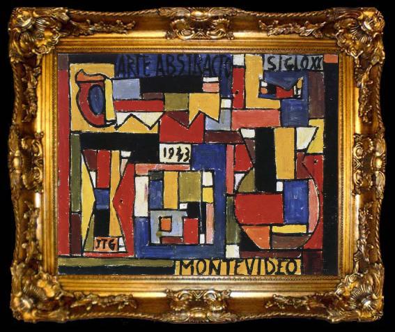framed  Joaquin Torres-Garcia abstract art in five tones and complementaries, ta009-2