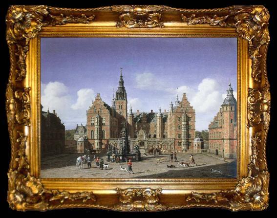 framed  heinrich hansen frederiksborg castle,the departure of the royal falcon hunt, ta009-2