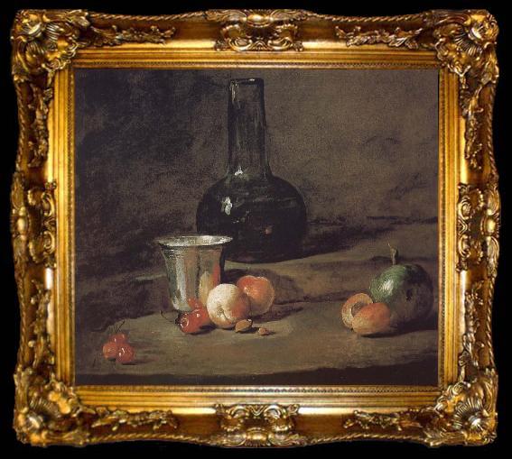 framed  Jean Baptiste Simeon Chardin Wine glass bottles fitted five silver Cherry wine a two peach apricot, and a green apple, ta009-2