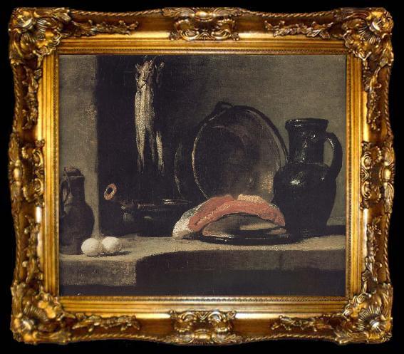 framed  Jean Baptiste Simeon Chardin Watering can two egg earthenware cooking pot three yellow eye monkshood fish copper clepsydra fish fillet and jar, ta009-2