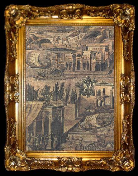 framed  unknow artist pa den har mosaikan fran forsta arhundradet eftet kristus ser man niten stillsamt ftyta forbi ett egyptoskt tempel, ta009-2
