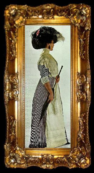 framed  unknow artist afternoon dress of navy and white striped surah with silk fringe and lingerie flounces, created by drecoll, ta009-2