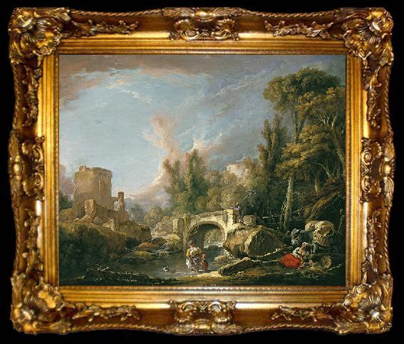 framed  Francois Boucher River Landscape with Ruin and Bridge, ta009-2