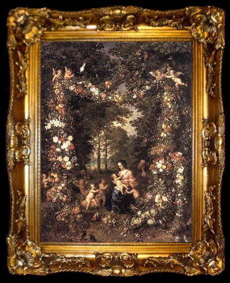 framed  Jan Brueghel The Elder Heilige Familie in einem Blumen, ta009-2