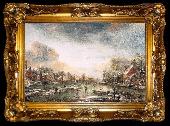 framed  Aert van der Neer A Frozen River by a Town at Evening, ta009-2