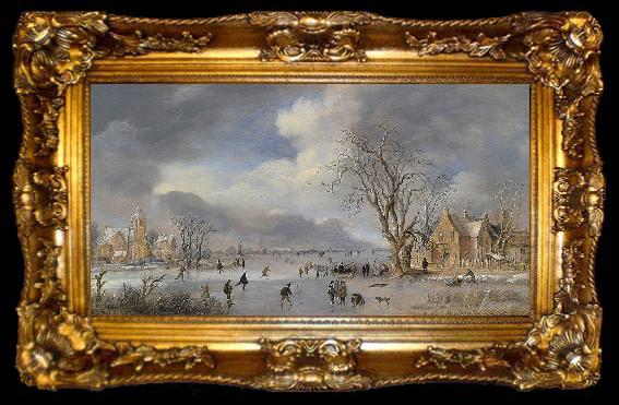 framed  Aert van der Neer A winter landscape with skaters and kolf players on a frozen river,, ta009-2